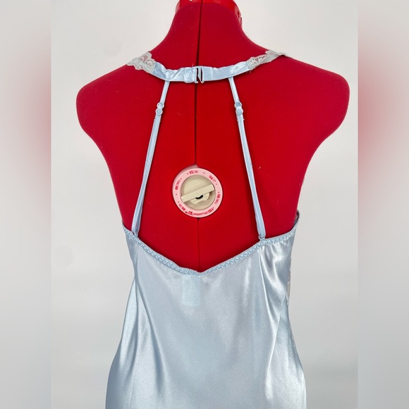 Icy Blue Lacey Satin Midi Length Slip Nightgown With Sheer Lace Panels - Picture 8 of 11